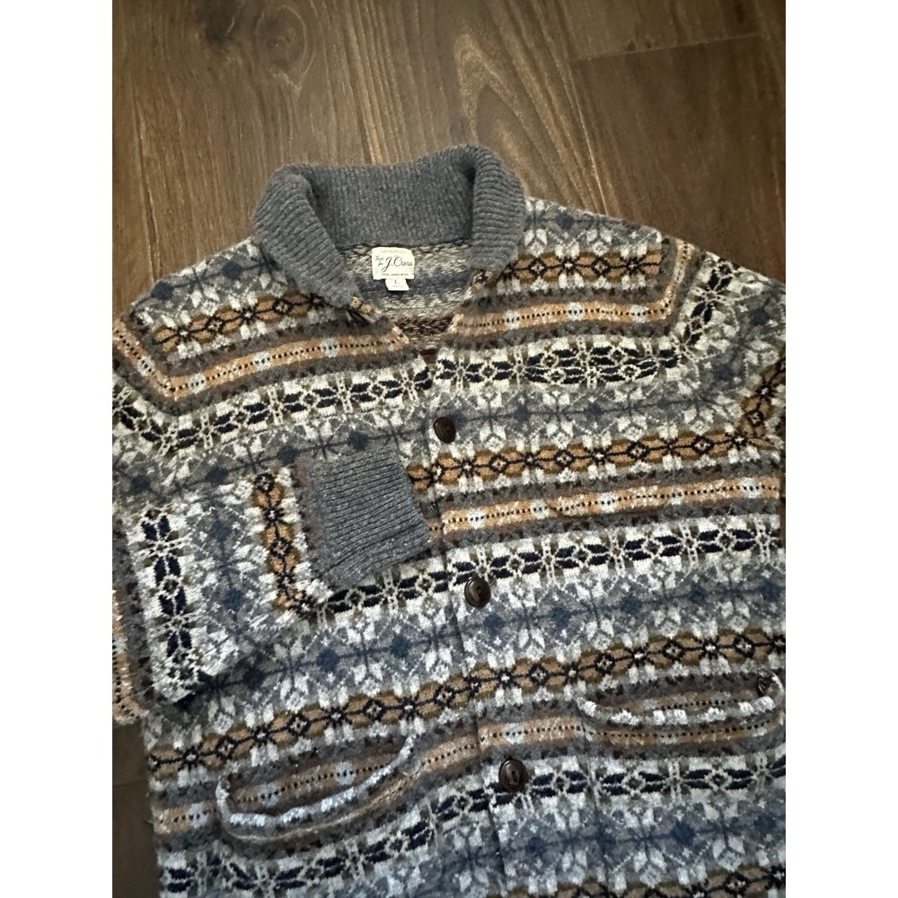 J. Crew Womens L Lambswool Fair Isle Shawl Collar Button Cardigan Sweater Grey